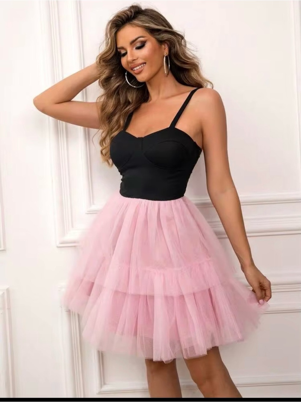 SHEIN Black Bodice Pink Tulle Mini Dress